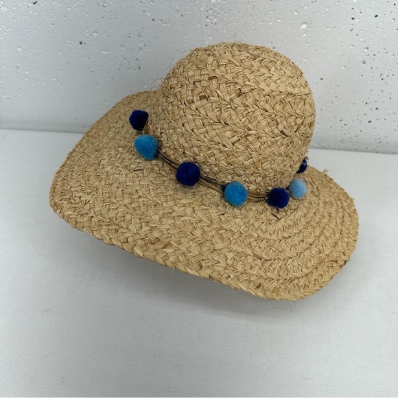 Pool to Party by Subtle Luxury Wide Brim Straw Floppy Sun Hat with Blue Pom Poms - Picture 2 of 11